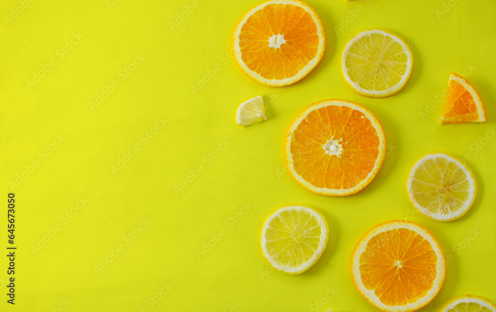 Slices of lemon and orange on a yellow background burst with zesty citrus colors