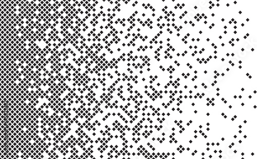 Dispersed background. Disintegration pixel effect illustration. Vector rectangle elements. Disappear transform rectangle texture. Dissolved filled square. Vector graphic.