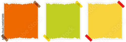 Torn paper post-it note set or stickey notes in multicolor isolated on transparent background. Photo frame in vintage style for post with shadow and tape.