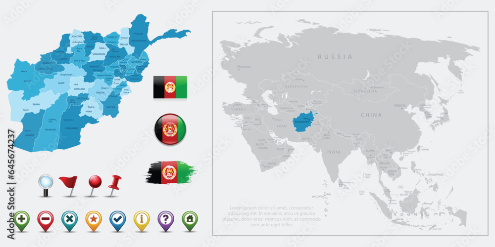Naklejka premium Afganistan map, flag and navigation icons. Vector illustration set