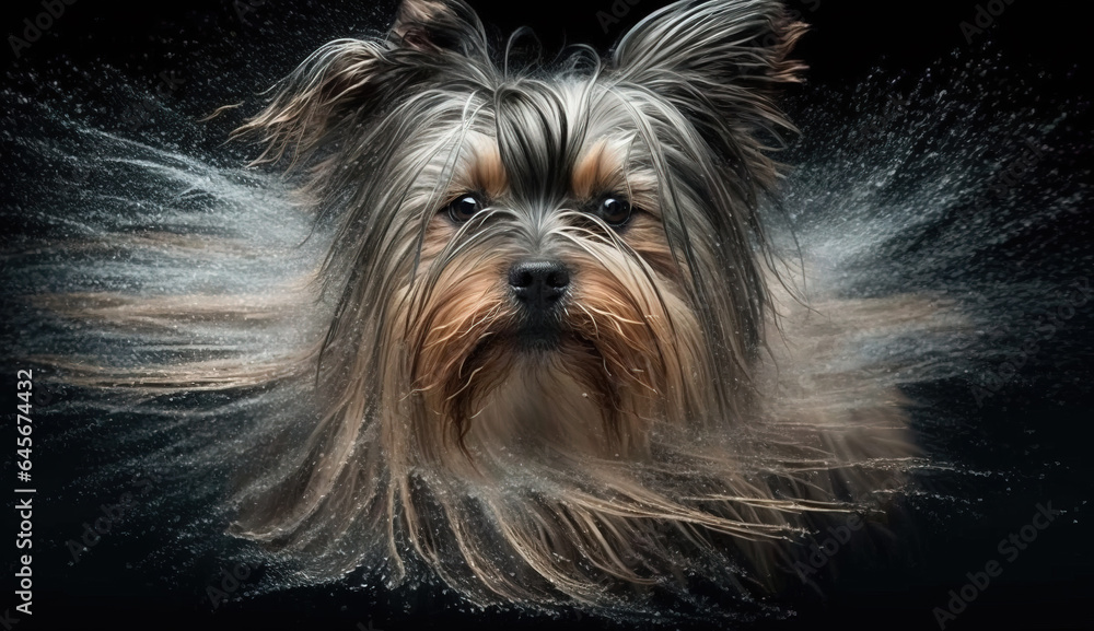 Naklejka premium One Delightful Wet Yorkshire Terrier Violently Shakes Herself Whilst Looking at the Camera Water Splashes Selective Focus
