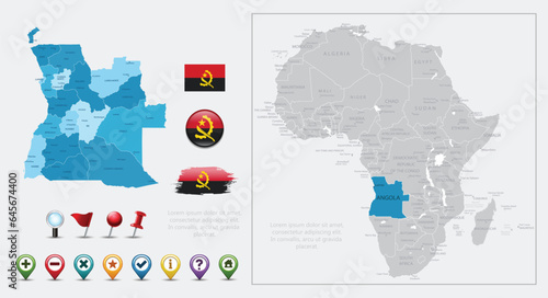 Angola flag, map and navigation icons. Vector Illustration