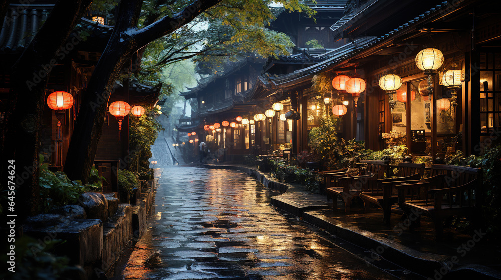 Traditional Chinese Shops and Soaked Path With Rain in Small Village