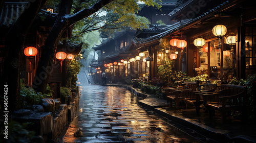 Traditional Chinese Shops and Soaked Path With Rain in Small Village © Image Lounge