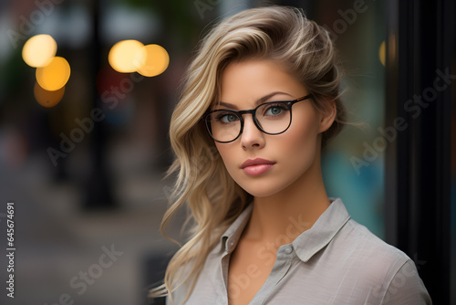 Blond attractive smiling woman in glasses