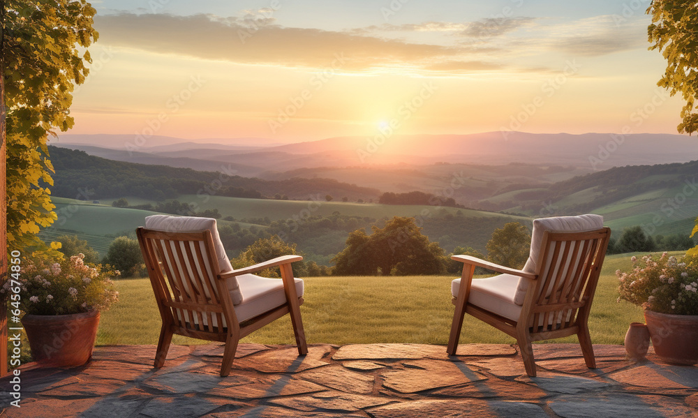 wooden patio with two armchairs and  picturesque rural landscape at sunset , relax outdoor