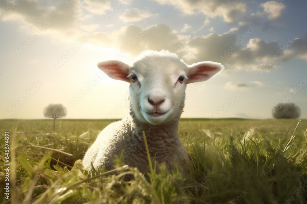 field animal farm green wool sun meadow grass sheep lamb. Generative AI. field animal farm green wool sun meadow grass sheep lamb. Generative AI.