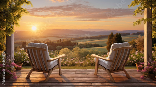 wooden patio with two armchairs and  picturesque rural landscape at sunset , relax outdoor in spring © andreusK