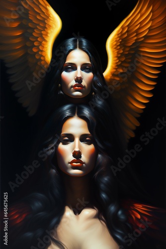 Dark art seraphim, oil painting, death women portrait with wings