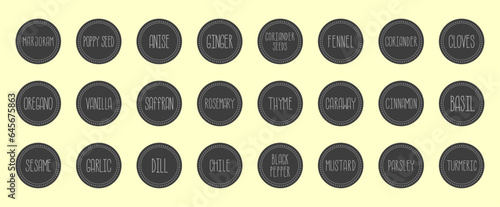 Vector set of herbs and spices stickers on dark grey background with handwritten text. Labels for packaging, food containers, SPA, cosmetics, healthcare, etc. 