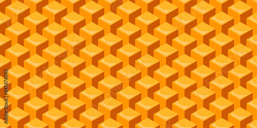 Gold Isometric Cubes Seamless Pattern Geometric Background. 3D Vector with yellow cube.