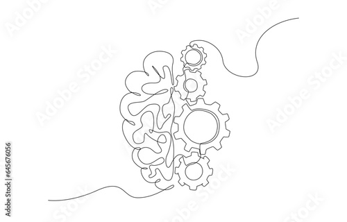 Continuous one line drawing of half brain and cogwheel gears, mechanism of thought, systematic thinking concept, single line design vector illustration.