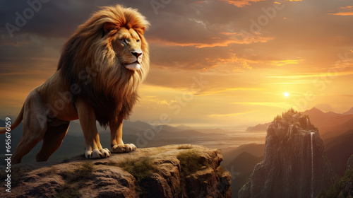 A majestic lion overlooking its kingdom from a rock. AI generative