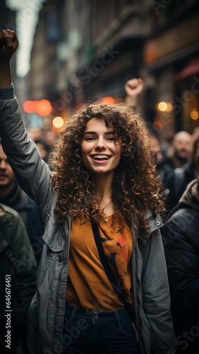 young woman making a fist-raising protest in the street