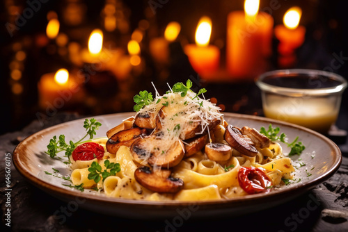 pasta with bacon and mushrooms in a restaurant