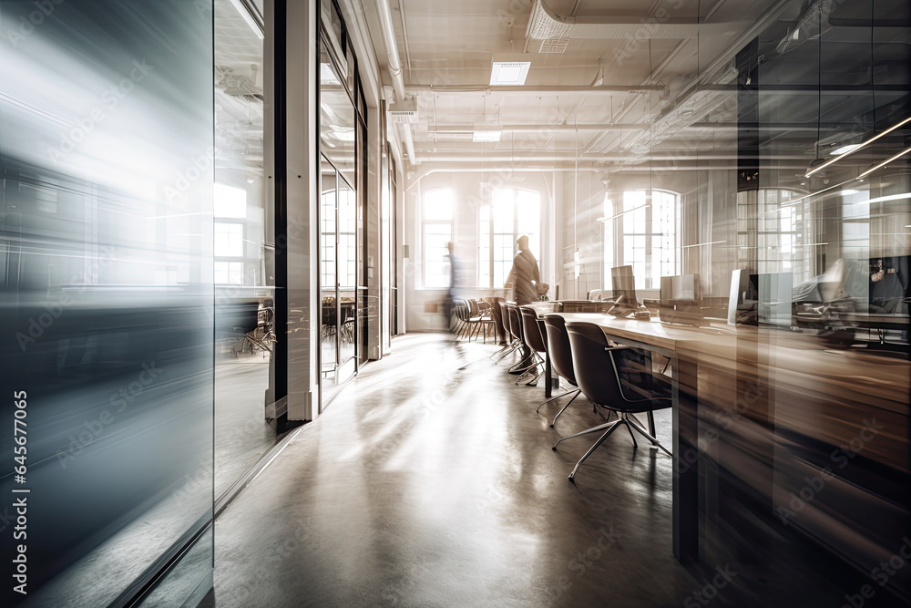 Motion blur view of open office space with tables and partitions with blurred figures of hurrying employees Motion blur view of open office space with tables and partitions with blurred figures of hurrying employees