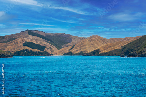 Sailing down Marlborough Sounds, South Island, New Zealand.