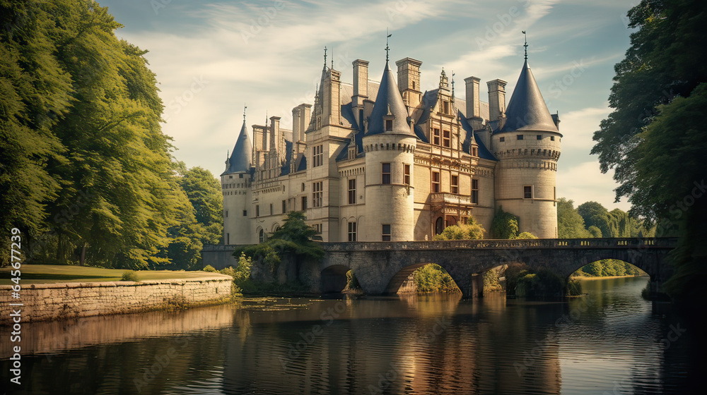 A majestic medieval castle surrounded by a moat. AI generative A majestic medieval castle surrounded by a moat. AI generative