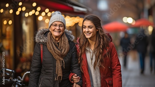 Senior woman and carer walking in the city with a walker and crossing the street.
