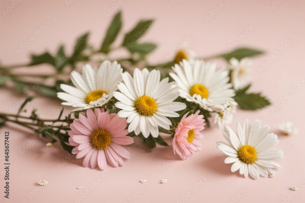 Obraz premium Minimal style concept. White daisy chamomile flowers on pale pink background. Creative lifestyle, summer, spring concept