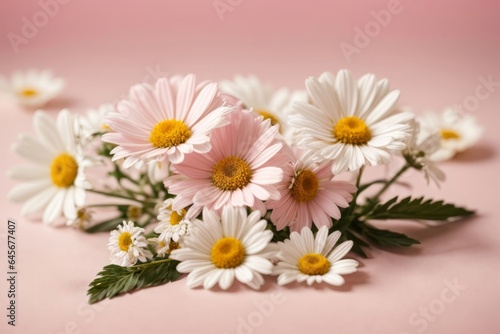 Minimal style concept. White daisy chamomile flowers on pale pink background. Creative lifestyle, summer, spring concept
