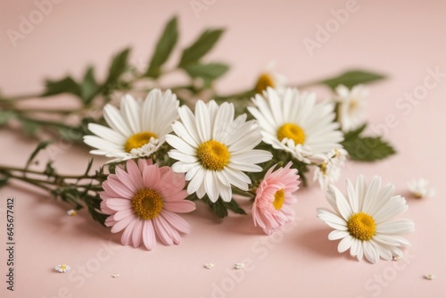 Minimal style concept. White daisy chamomile flowers on pale pink background. Creative lifestyle  summer  spring concept