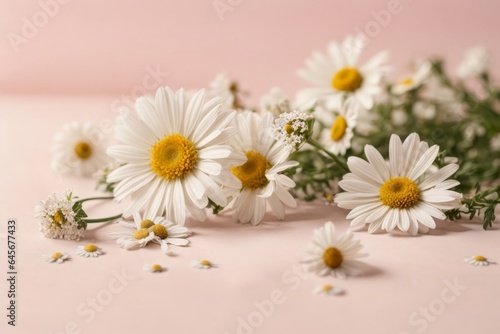 Minimal style concept. White daisy chamomile flowers on pale pink background. Creative lifestyle, summer, spring concept © Marpa