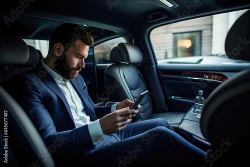 Businessman Using Smartphone in Chauffeured Car © Andrii 