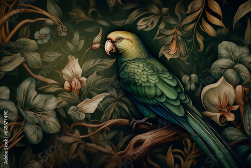 tropical bird wallpaper leaf jungle nature palm flower art exotic. Generative AI. © VICHIZH
