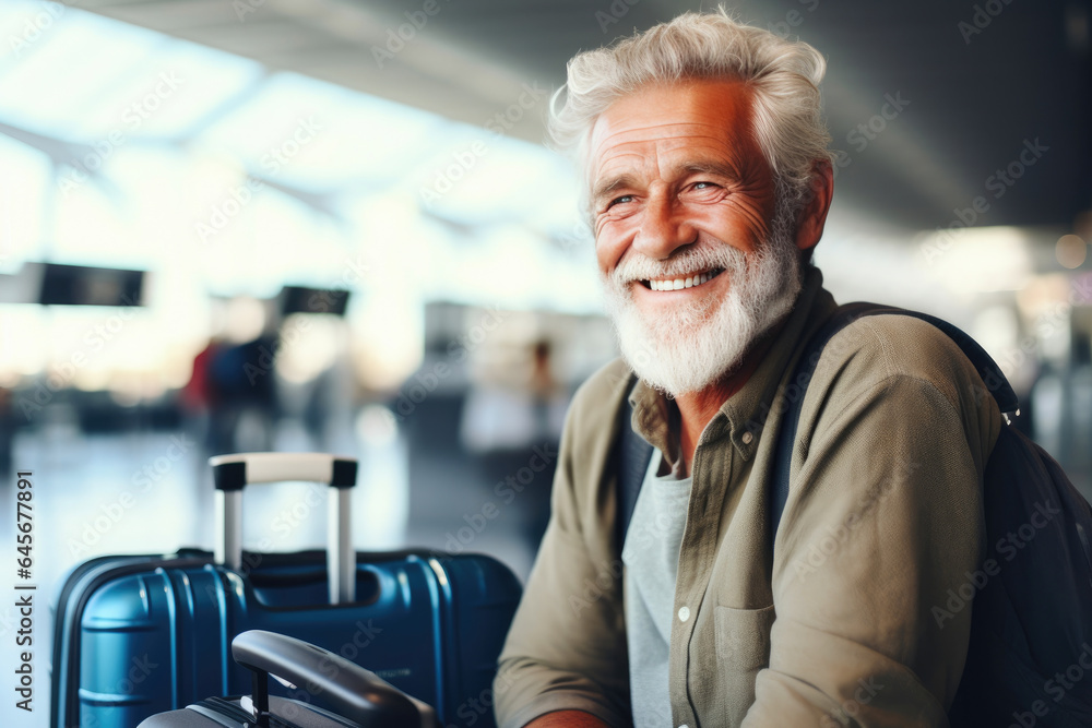 Cheerful Elderly Man with Suitcase Awaits Plane at the Airport Cheerful Elderly Man with Suitcase Awaits Plane at the Airport