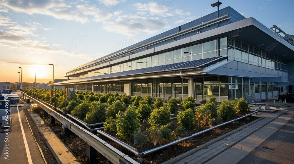 A manufacturing building's roof is covered in numerous solar panels..