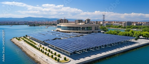 A manufacturing building's roof is covered in numerous solar panels..