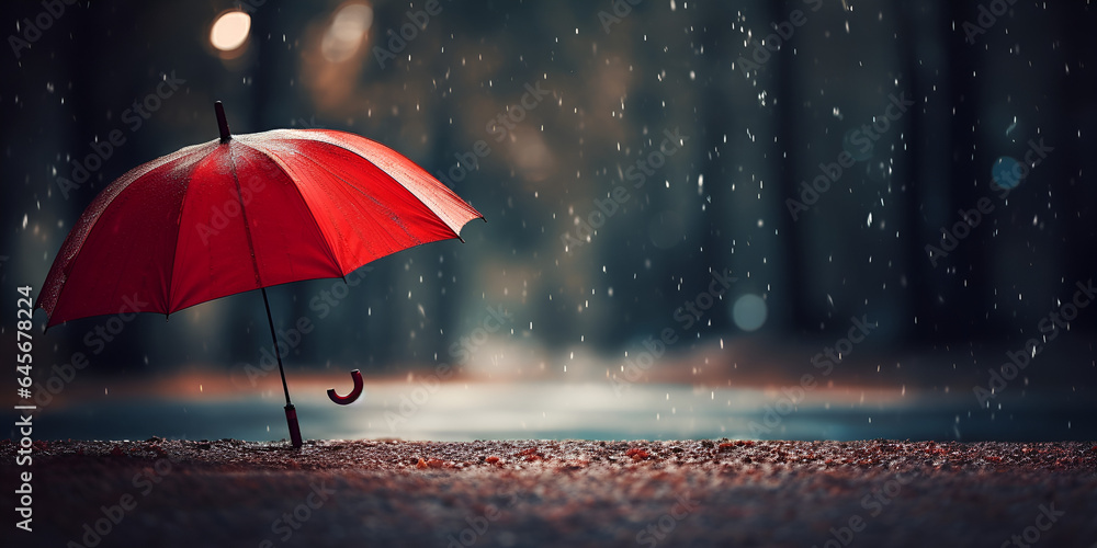  Red umbrella in the dark forest under the rain,