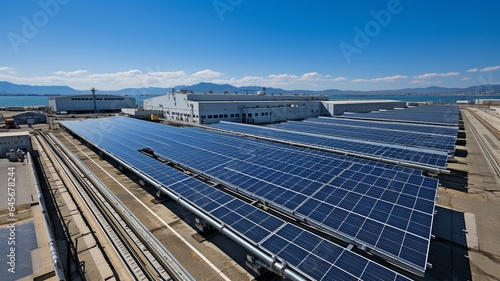 A manufacturing building's roof is covered in numerous solar panels..