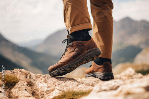 Hiker's Journey: Leather Boots on a Mountain Path