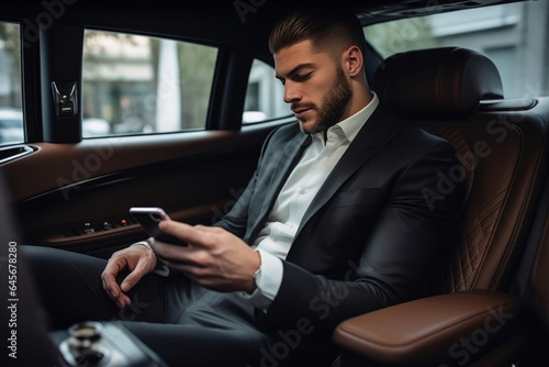 Corporate Executive in Luxury Car Checking Phone © AIproduction
