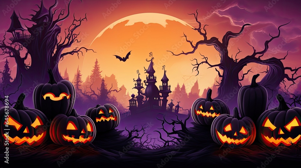 Halloween day card poster ghost pumpkin bat witch tomb castle, Generative AI