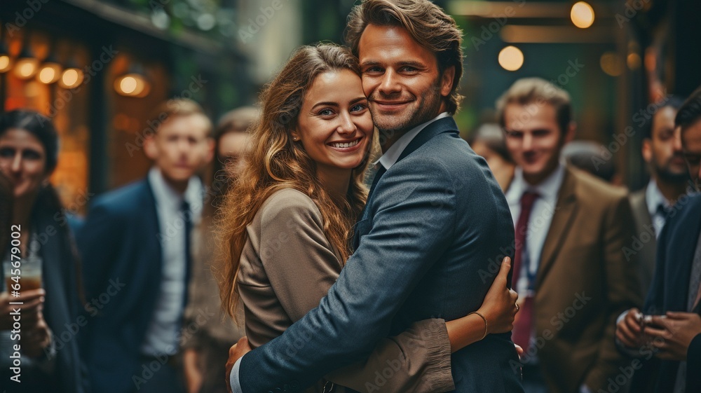 close-up of hugging office employees. close-up of hugging office employees.