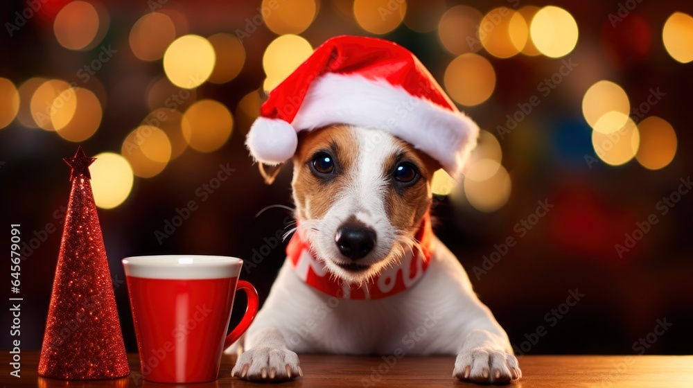 dog in Santa hat with cup of coffee on bokeh