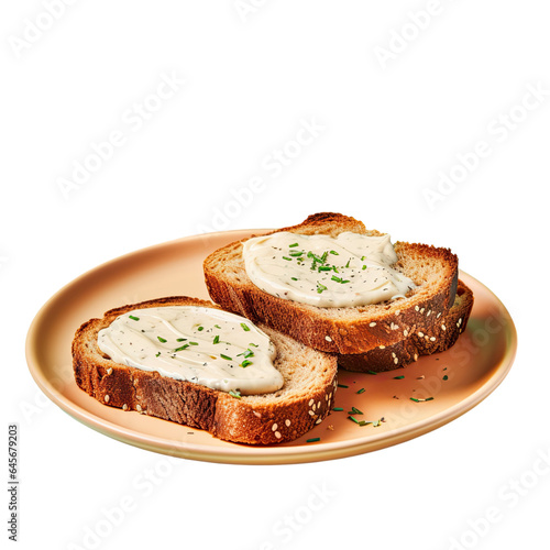 Garlic sauce on toasted brown bread against a transparent background