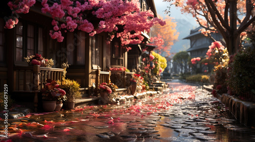 Old Chinese Style House Beside The Path Peach Blossom Couplet Tree Red Petals Flying and Petal-Covered Path © Image Lounge