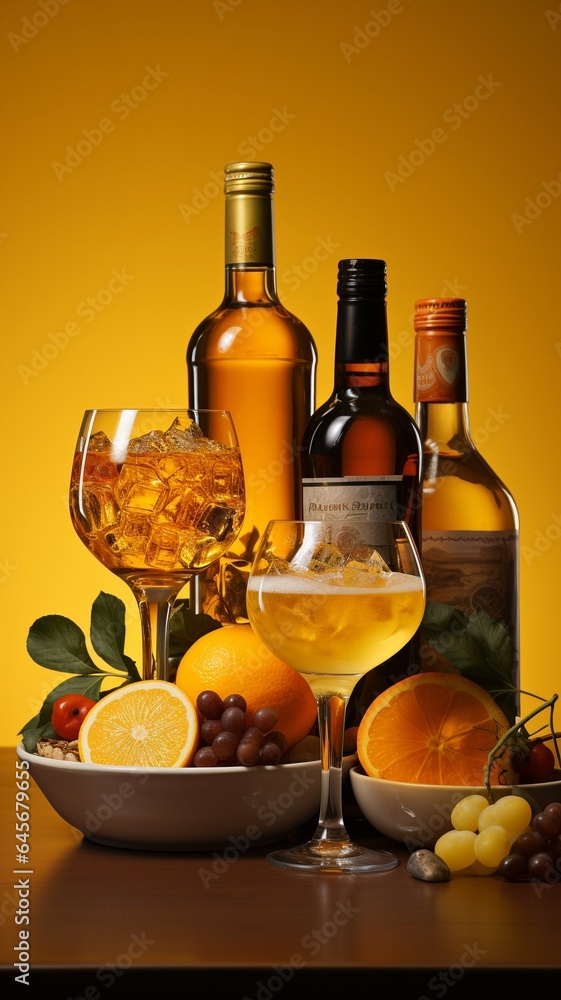 a range of alcoholic beverages against a yellow background..