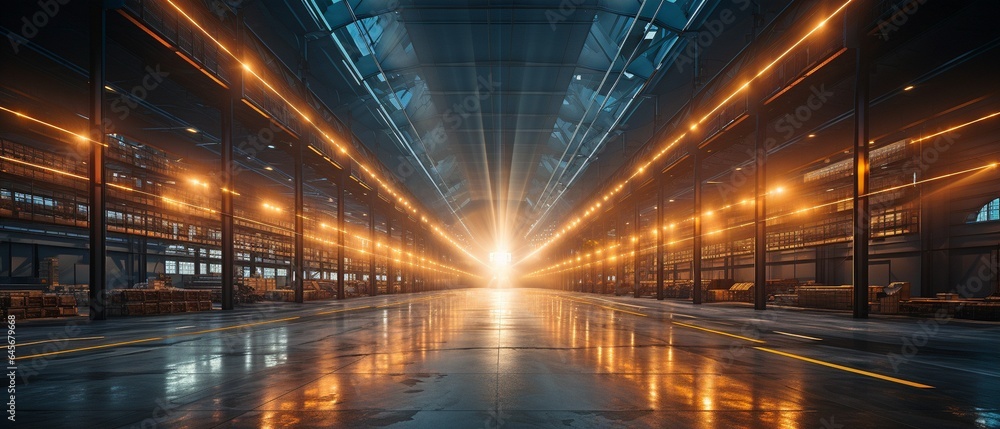 a big warehouse with a door that is illuminated by bright light