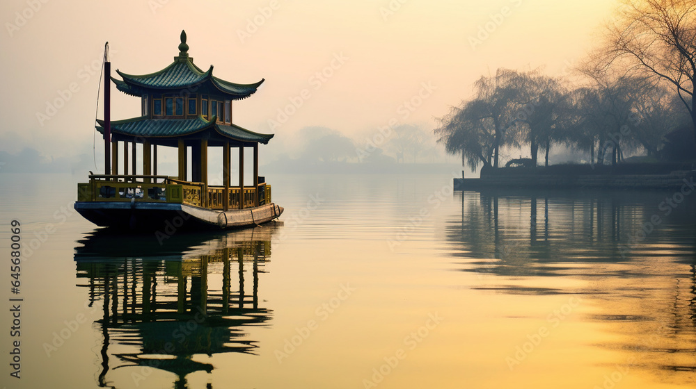 Yellow Crane Tower Floating in The Small Water Lake Under The Foggy Sky Chinese Theme Yellow Crane Tower Floating in The Small Water Lake Under The Foggy Sky Chinese Theme