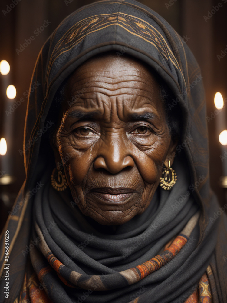 Portrait of a ancient african woman with wrinkles, illuminated by candles