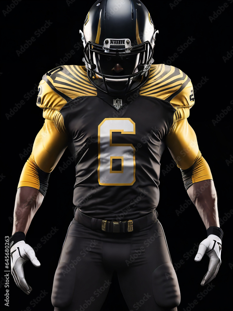 American Football Player black and yellow uniform on dark background