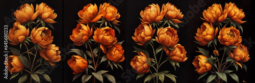 A set of four art compositions bouquets of dried orange flowers on a dark background
