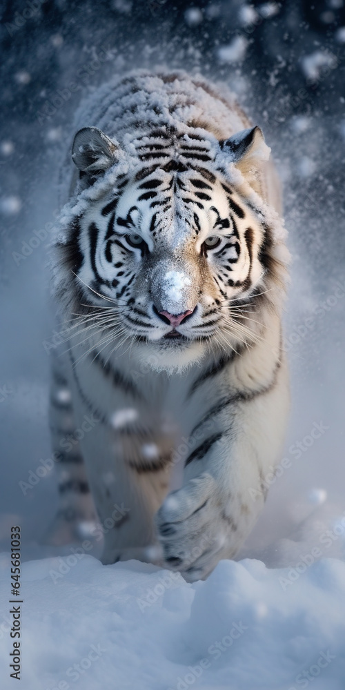 Obraz premium Large white Amur Siberian Tiger Bounds Through Deep Snow in Blizzard