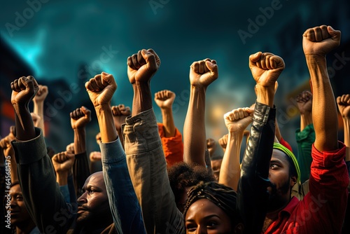 Hands raised in protest. A group of protesters raised their fists in the air. Arms raised in protest. © Stavros