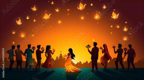 Vector illustration of a joyful Diwali celebration, with revelers. 